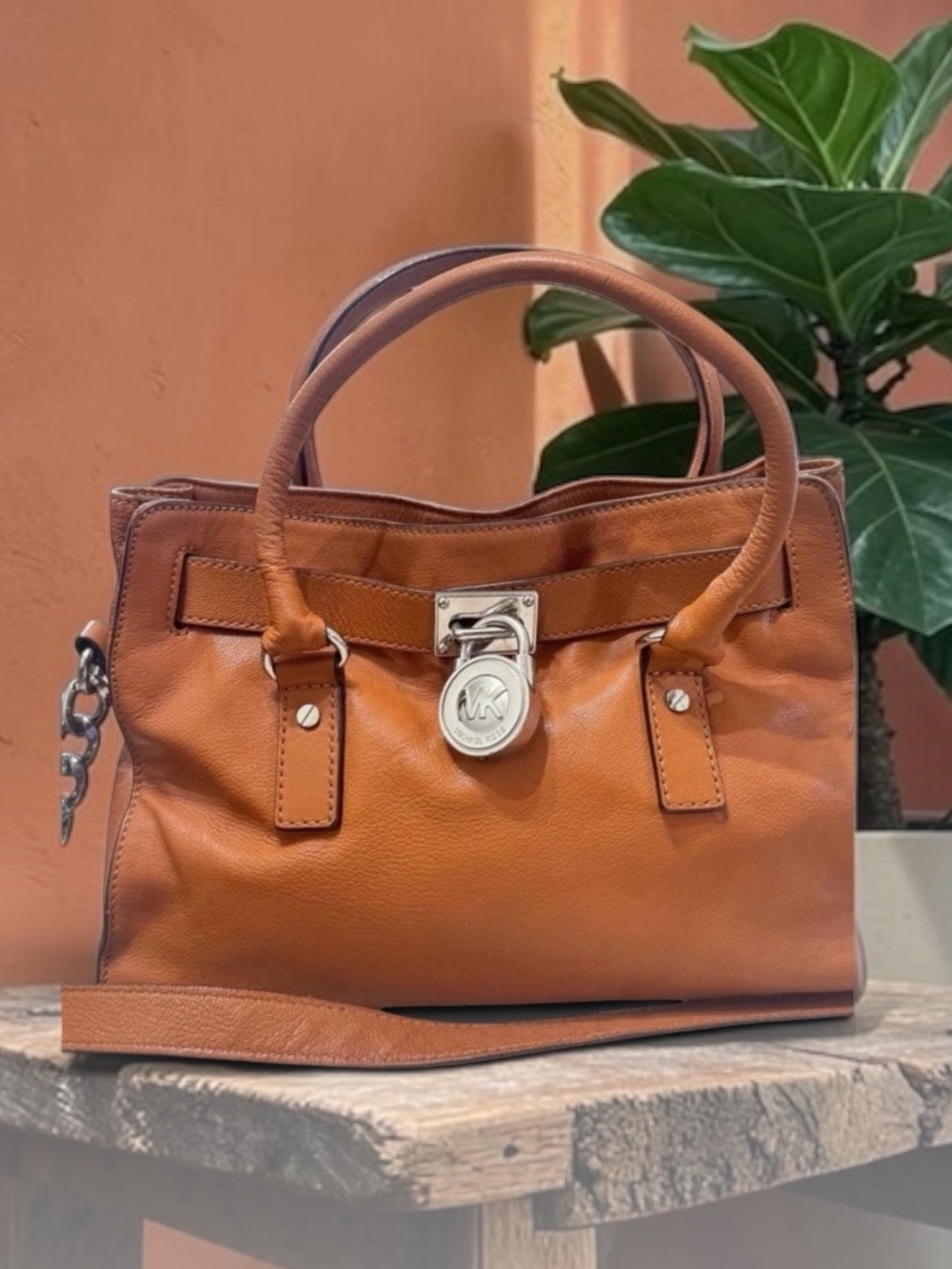 Large Michael Kors Hamilton Cognac Leather Satchel with MK Lock